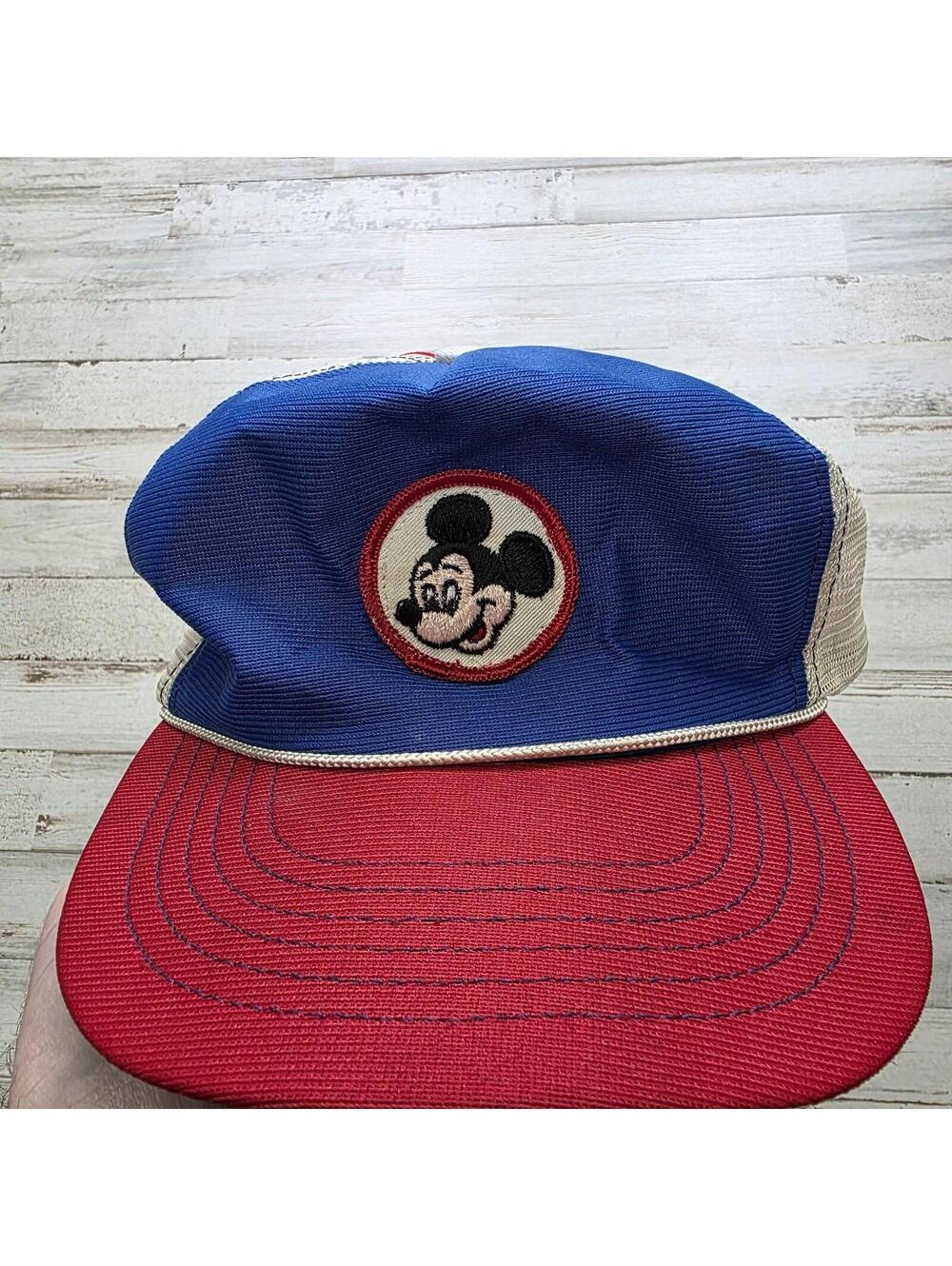 Vintage Mickey Mouse Snapback Trucker Hat Mesh Red/White/Blue w Rope  - 1980s